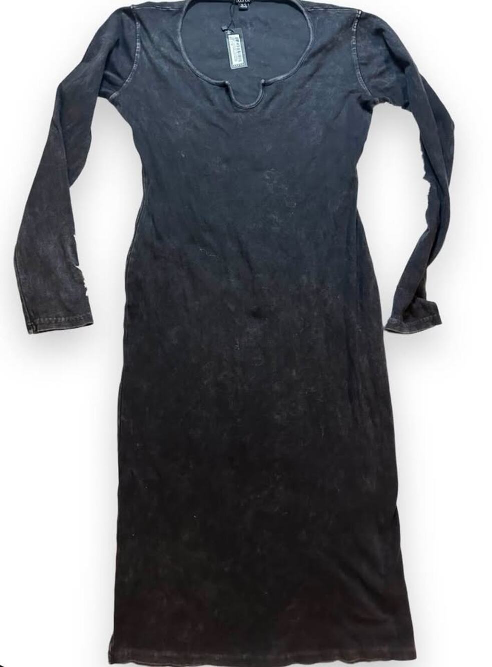Boohoo Acid Wash Notch Neck Long Sleeve Bodycon Midaxi Dress Size US 14